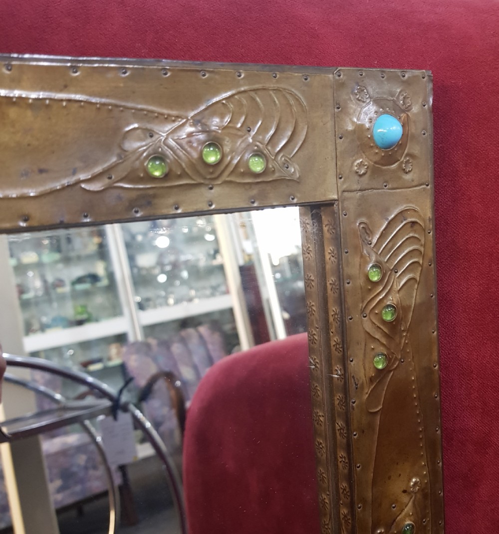 Arts & Crafts Turquoise & Green Stone Cabochon Studded Butterfly Wing Mirror  View X