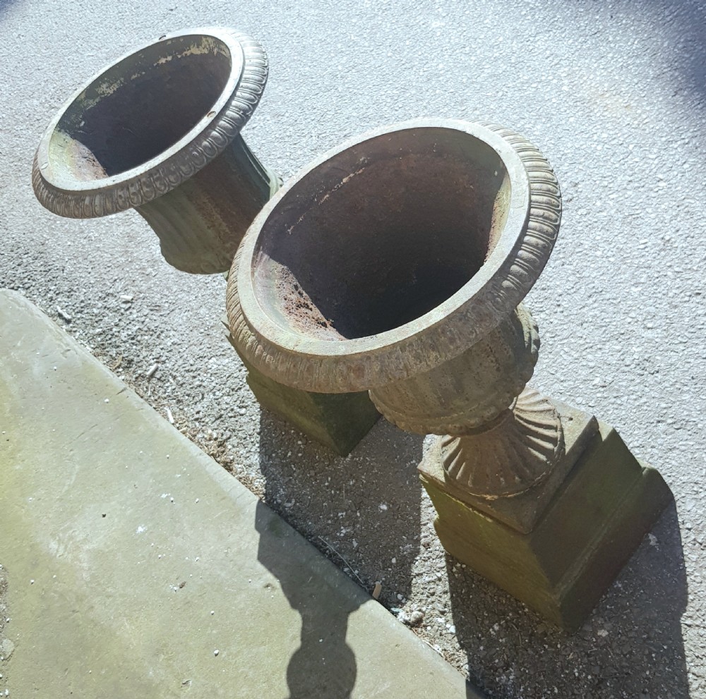 Pair Victorian Cast Iron Garden Urns on Original Plinths View III