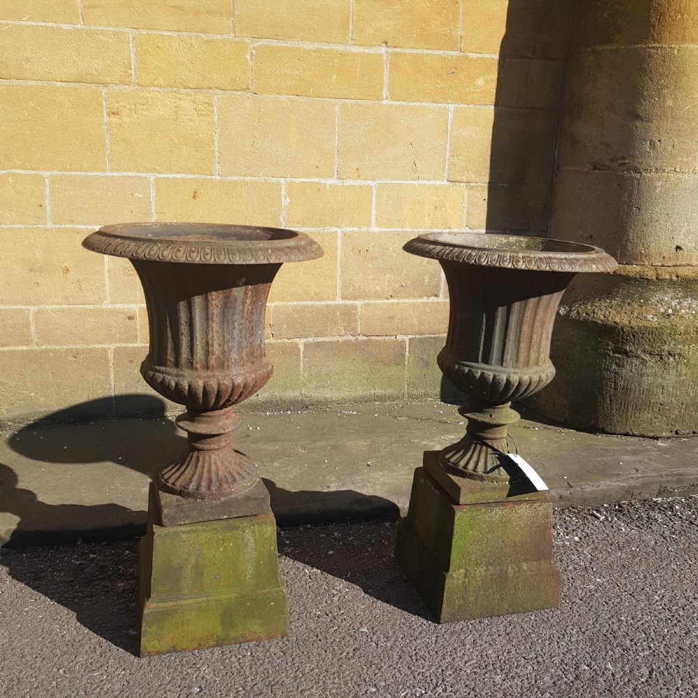 Pair Victorian Cast Iron Garden Urns on Original Plinths View IV