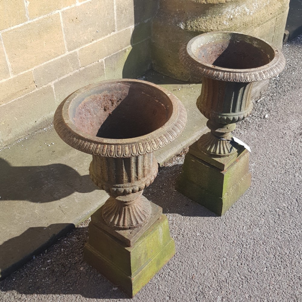 Pair Victorian Cast Iron Garden Urns on Original Plinths View V