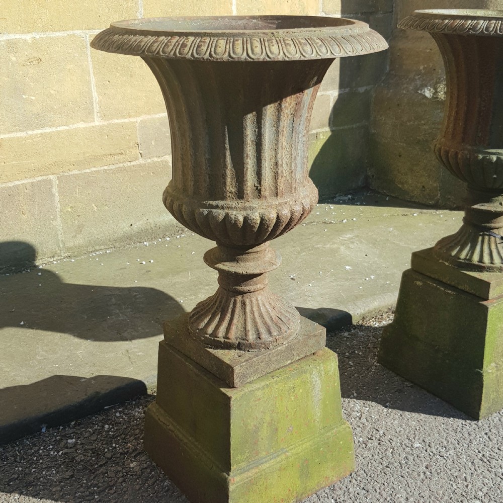 Pair Victorian Cast Iron Garden Urns on Original Plinths View VI