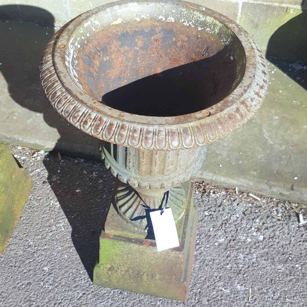 Pair Victorian Cast Iron Garden Urns on Original Plinths View VII