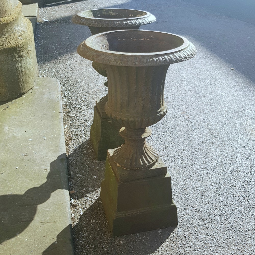 Pair Victorian Cast Iron Garden Urns on Original Plinths View IX