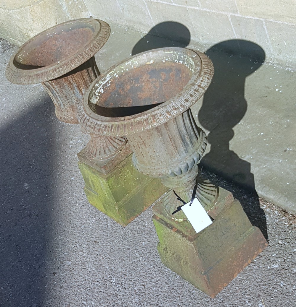 Pair Victorian Cast Iron Garden Urns on Original Plinths View X
