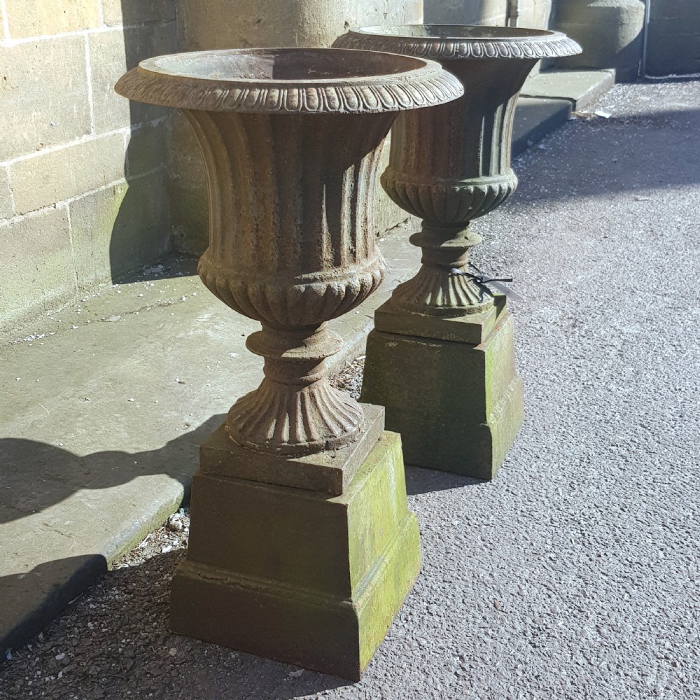 Pair Victorian Cast Iron Garden Urns on Original Plinths View XI