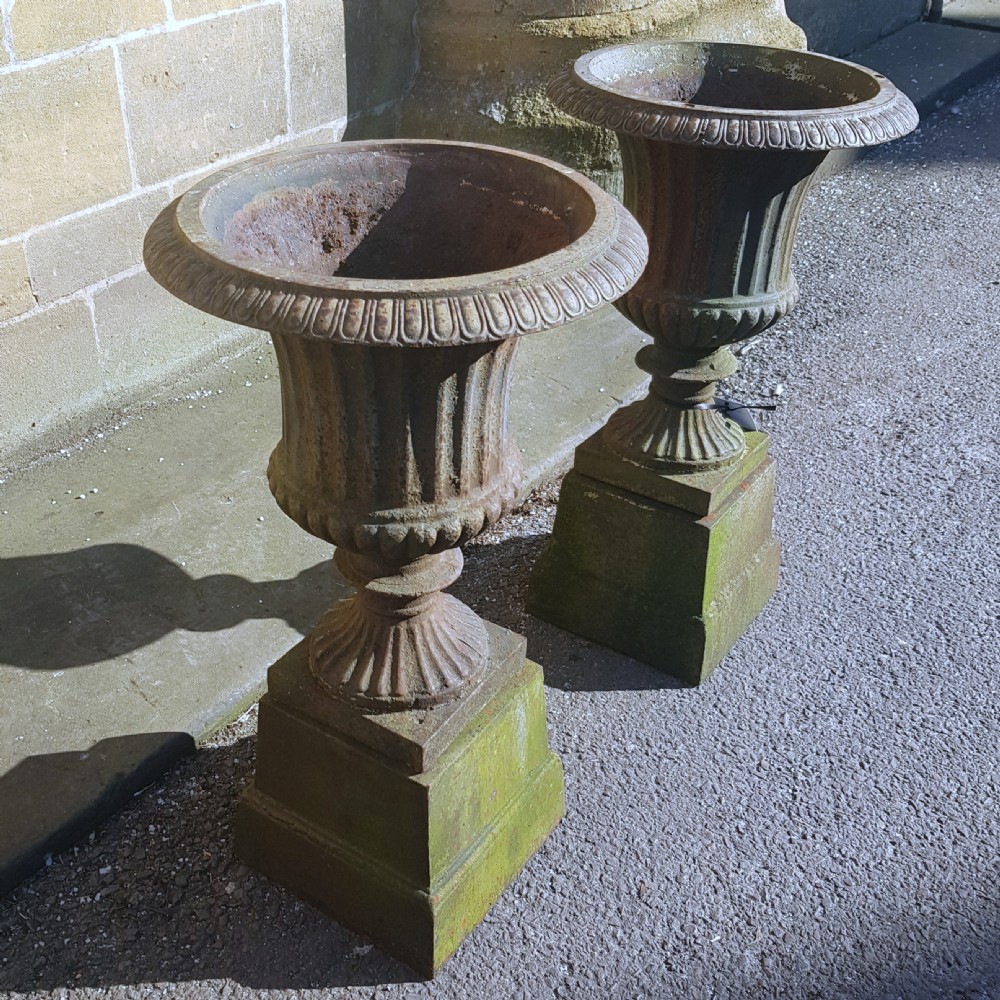 Pair Victorian Cast Iron Garden Urns on Original Plinths View XII