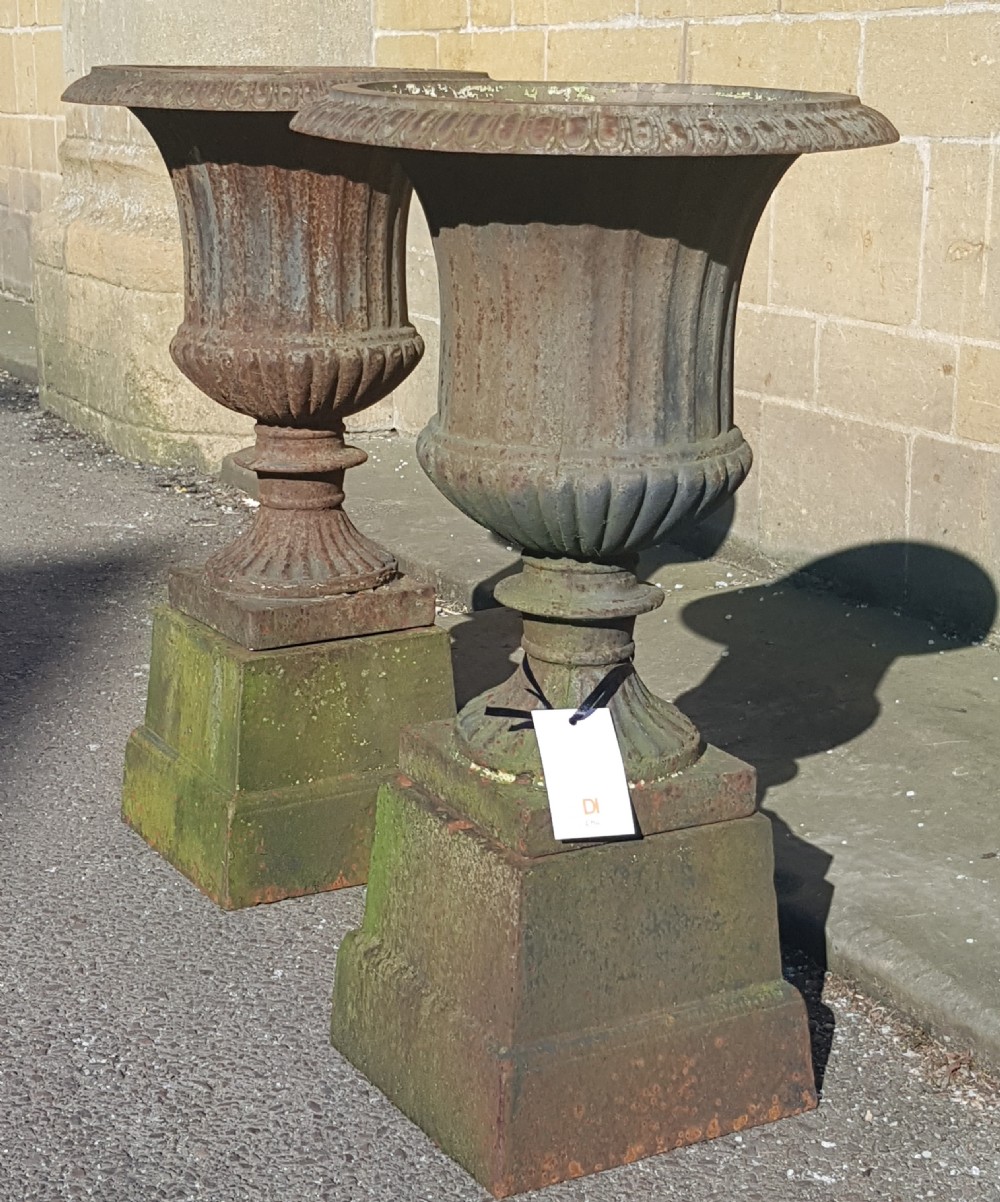 Pair Victorian Cast Iron Garden Urns on Original Plinths View XV