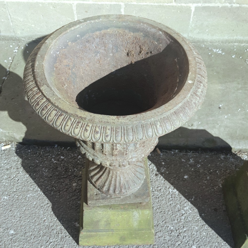 Pair Victorian Cast Iron Garden Urns on Original Plinths View XVI