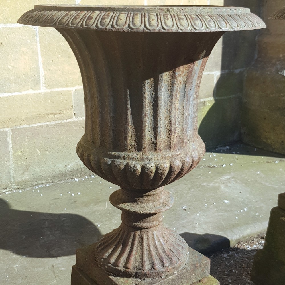 Pair Victorian Cast Iron Garden Urns on Original Plinths View XVII