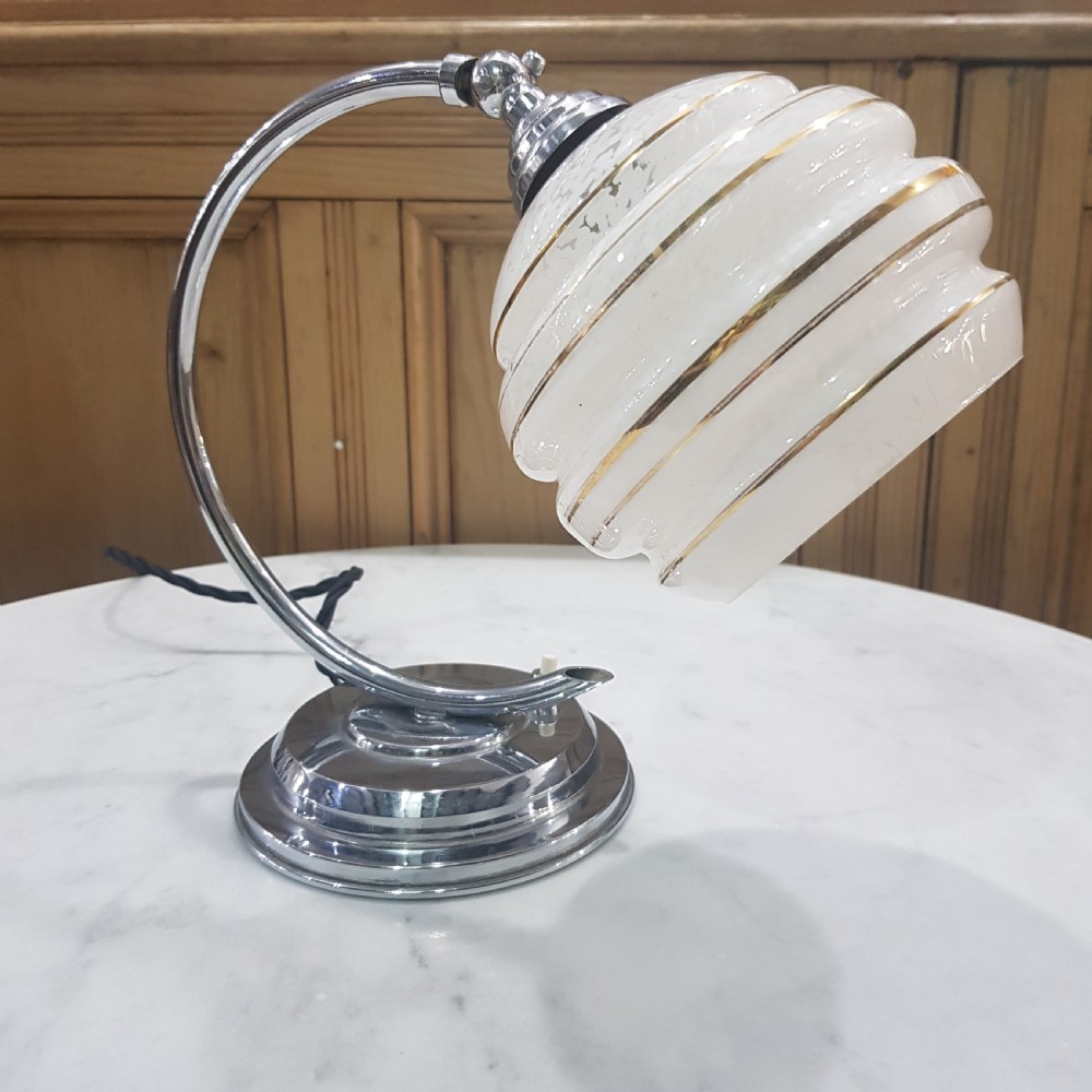 French Art Deco Table Lamp Chrome Swan Neck Tilting Shade c.1925