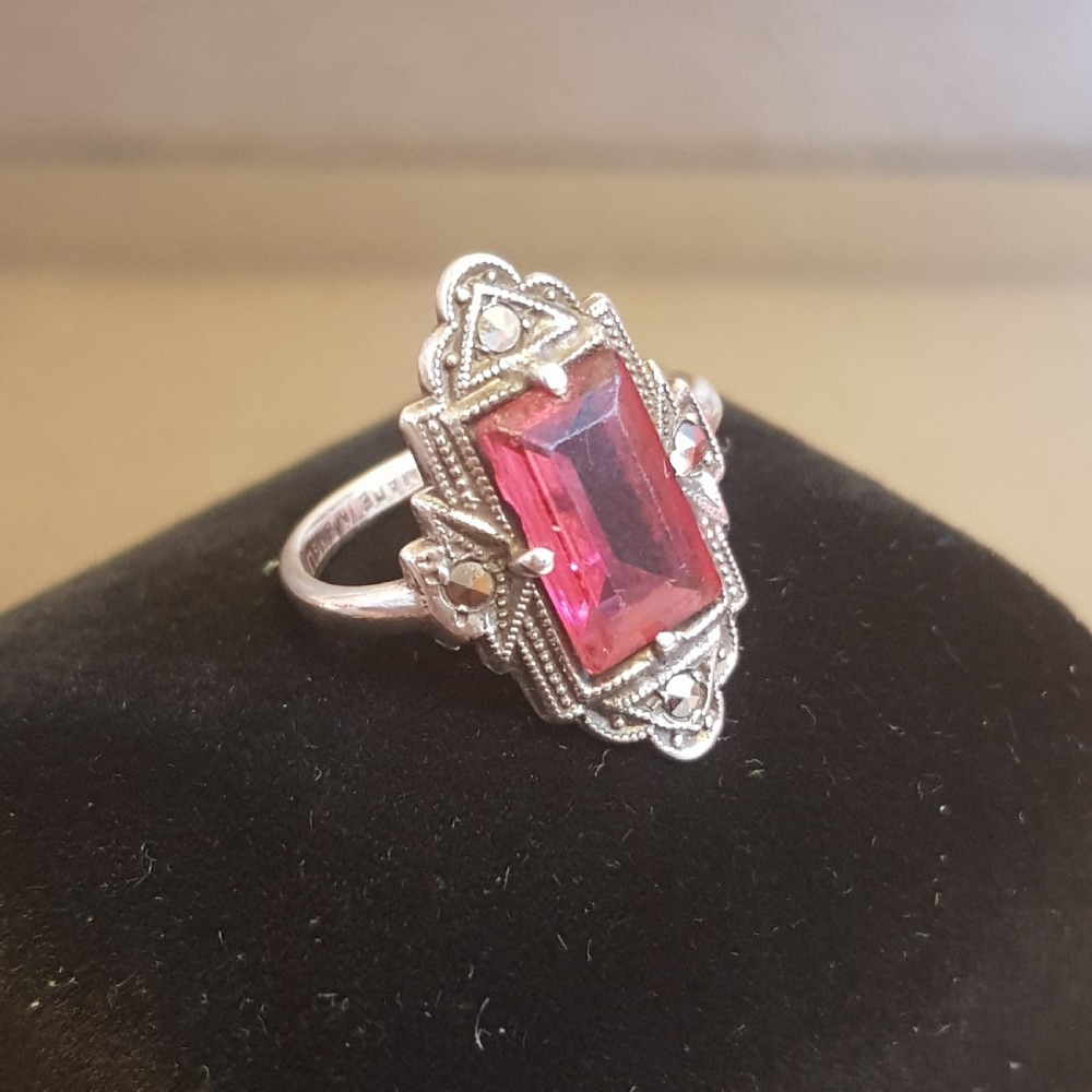 Art Deco Silver Marcasite & Pink Tourmaline Paste Ring - Size K View II