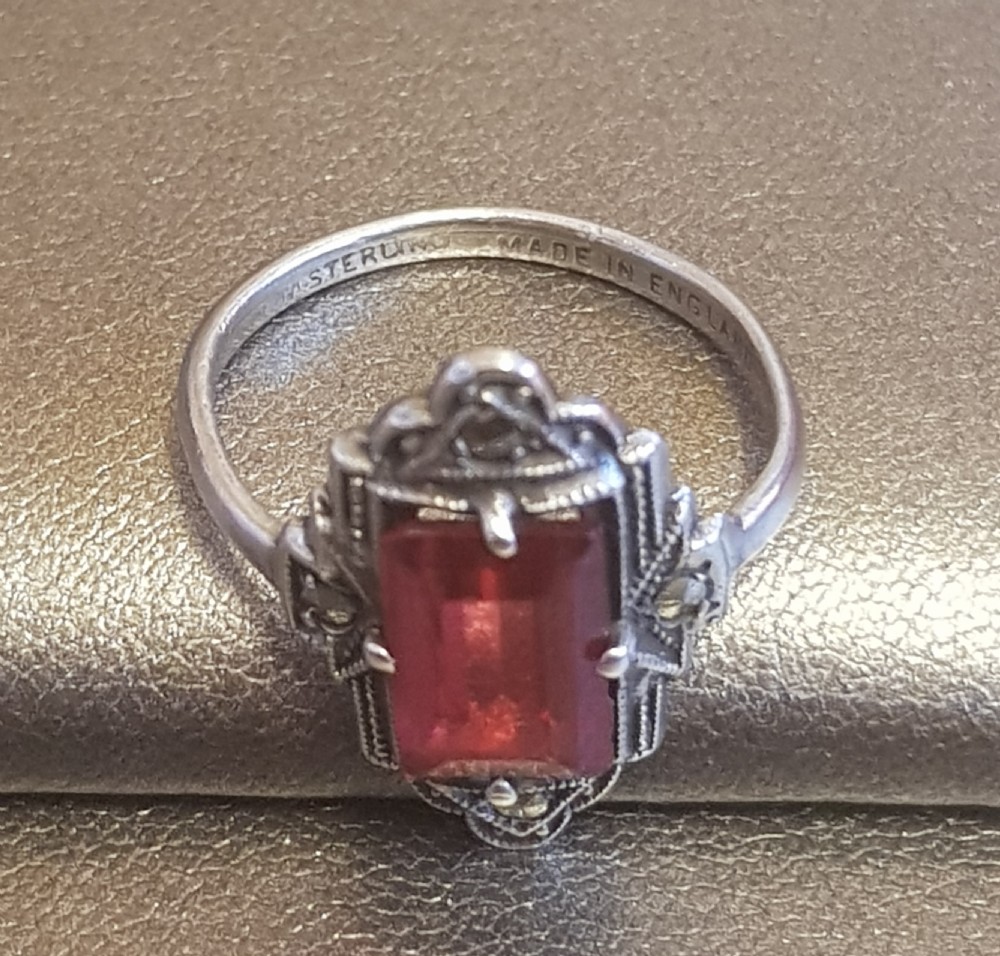 Art Deco Silver Marcasite & Pink Tourmaline Paste Ring - Size K View III