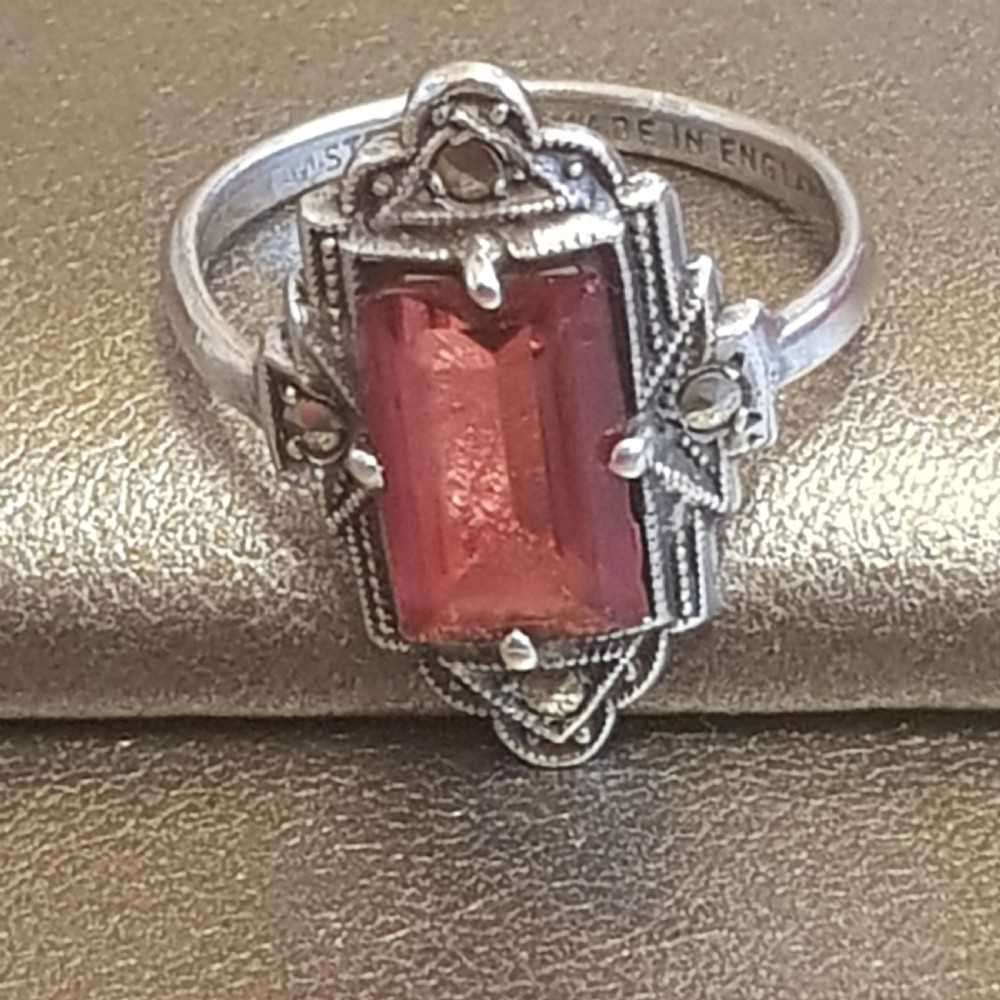 Art Deco Silver Marcasite & Pink Tourmaline Paste Ring - Size K View IV