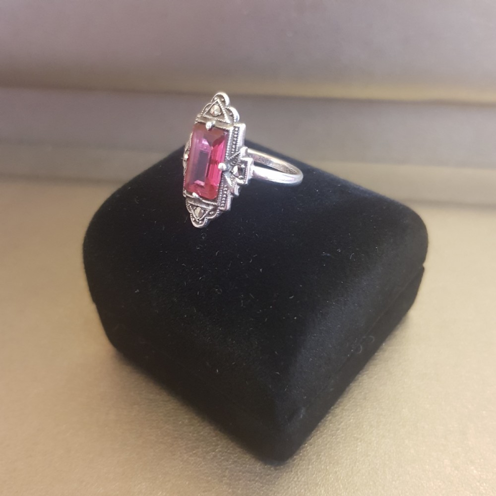 Art Deco Silver Marcasite & Pink Tourmaline Paste Ring - Size K View VI