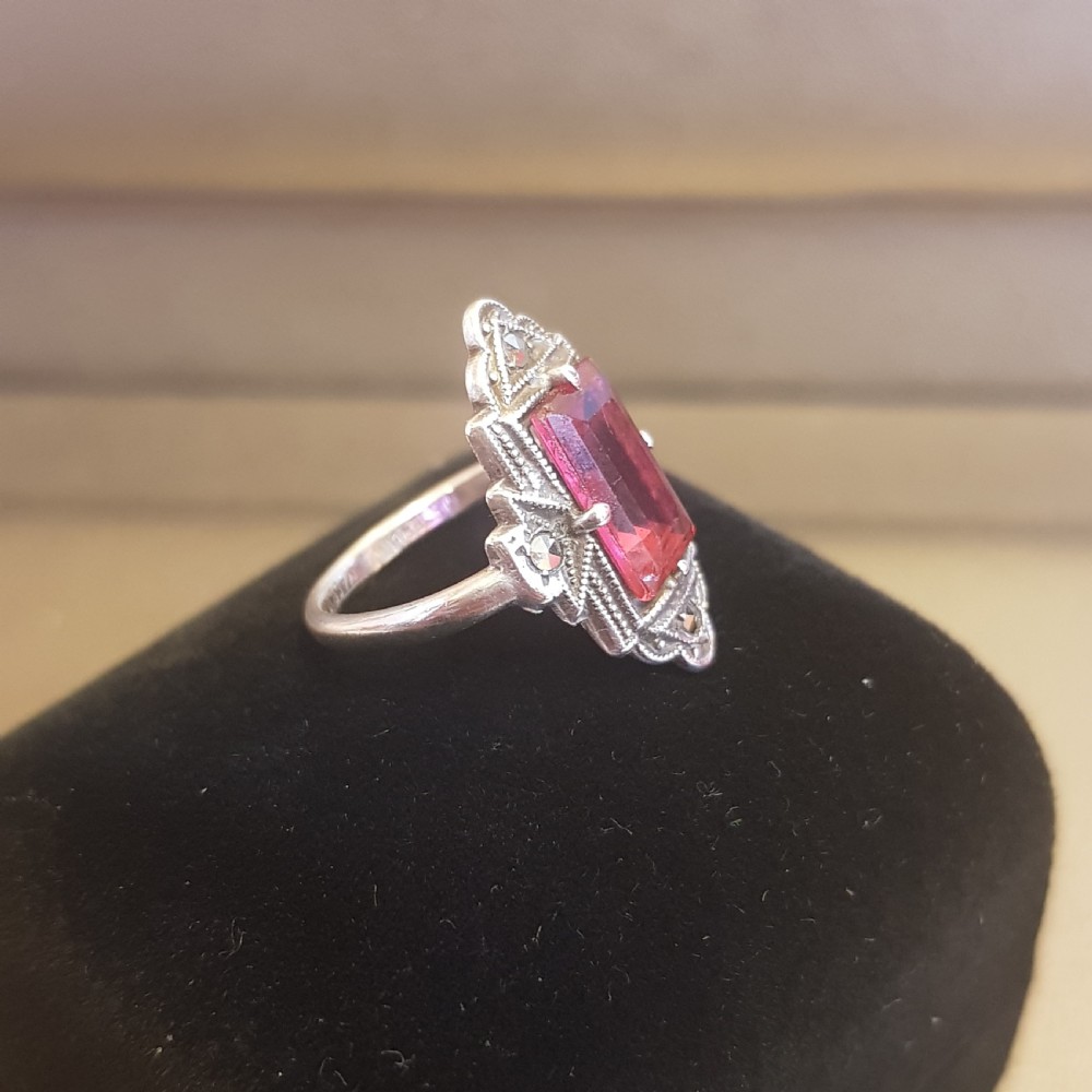 Art Deco Silver Marcasite & Pink Tourmaline Paste Ring - Size K View VII