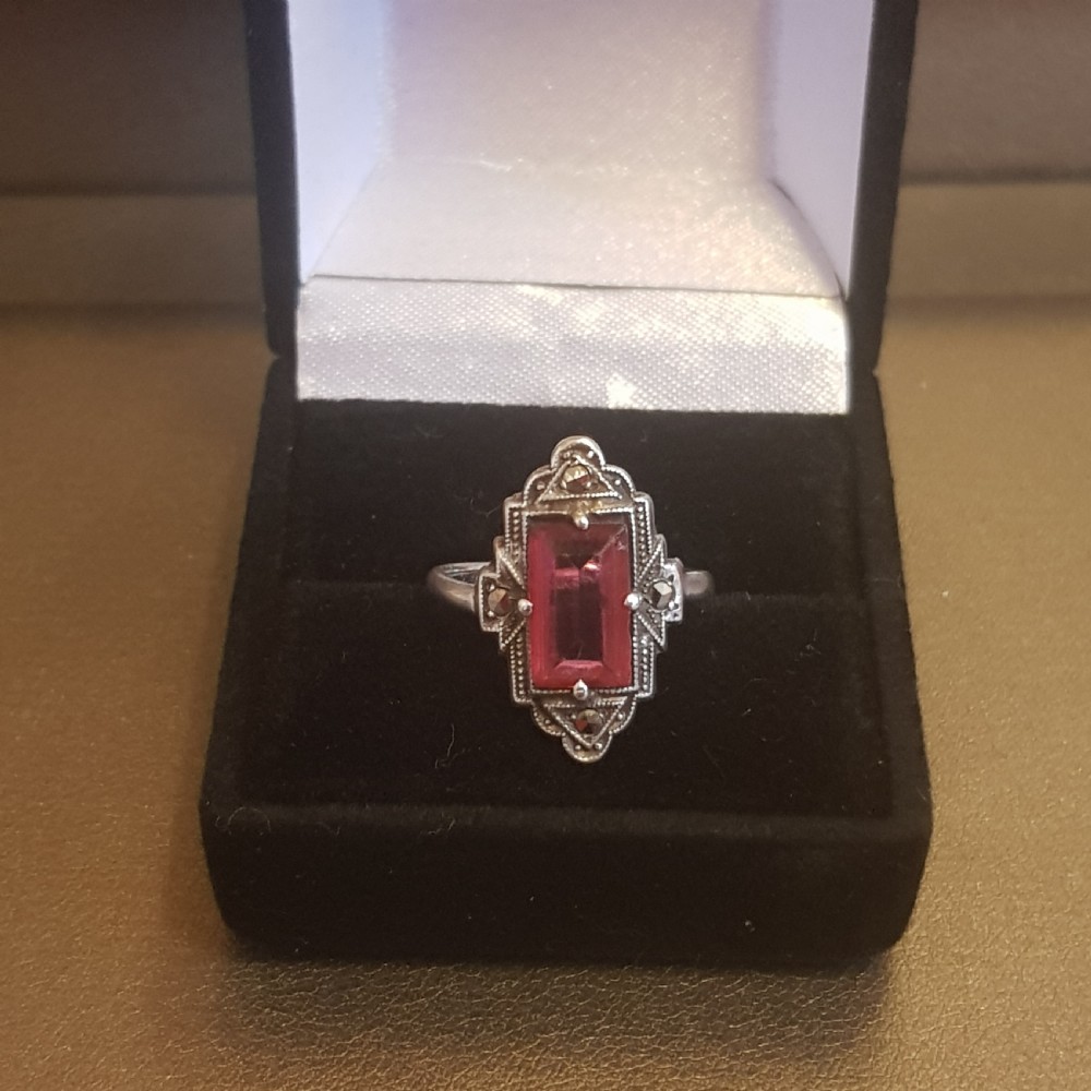 Art Deco Silver Marcasite & Pink Tourmaline Paste Ring - Size K View VIII