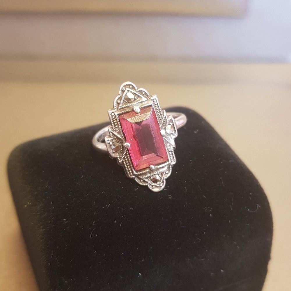 Art Deco Silver Marcasite & Pink Tourmaline Paste Ring - Size K View X