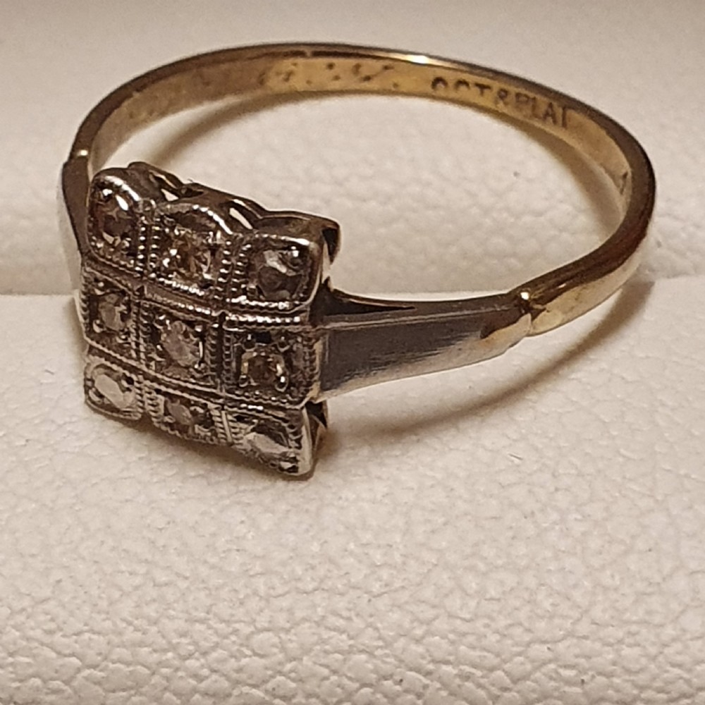 Art Deco 9 Diamond on Platinum & Gold Square Ring - Size O ½ View III