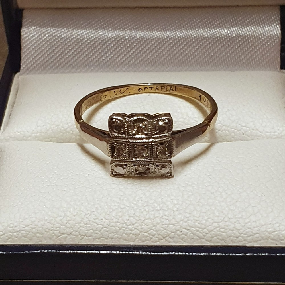 Art Deco 9 Diamond on Platinum & Gold Square Ring - Size O ½ View II