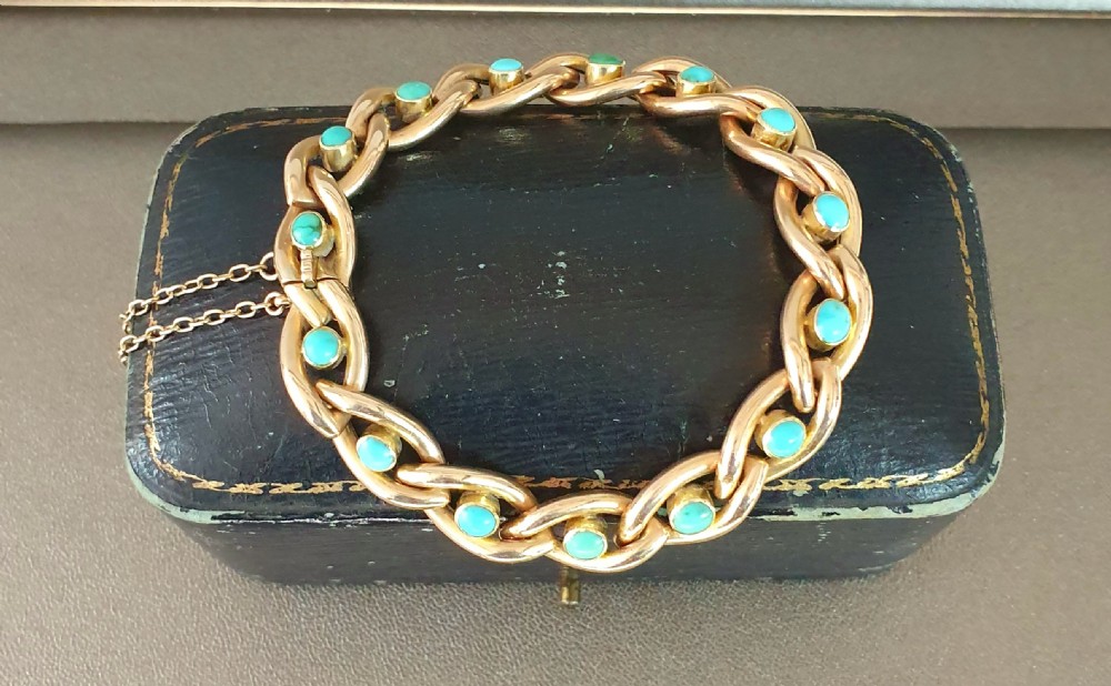 15 Carat Gold & Turquoise Victorian Era Bracelet in Antique Box View II