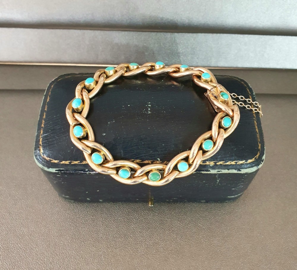 15 Carat Gold & Turquoise Victorian Era Bracelet in Antique Box View VI
