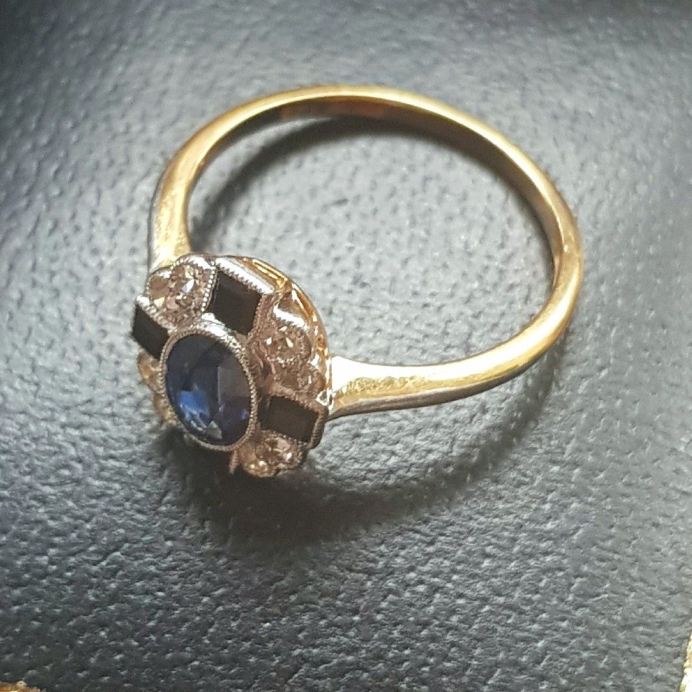 Art Deco Sapphire, Diamond & Onyx on Platinum & 18ct Gold Ring - Size L / L ½ View III