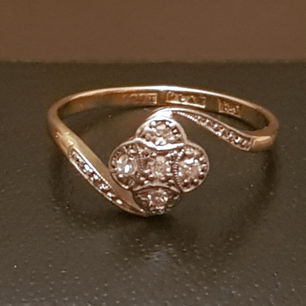 Art Deco Diamond, Platinum & 18ct Gold Daisy Swirl Ring 1920s - Size N½ / O View VII