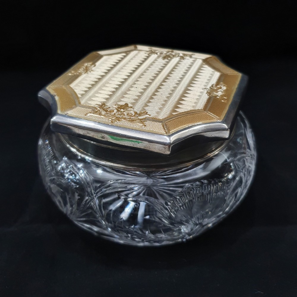 Gold Guilloche on Sterling (London 1915) Glass Powder Bowl 