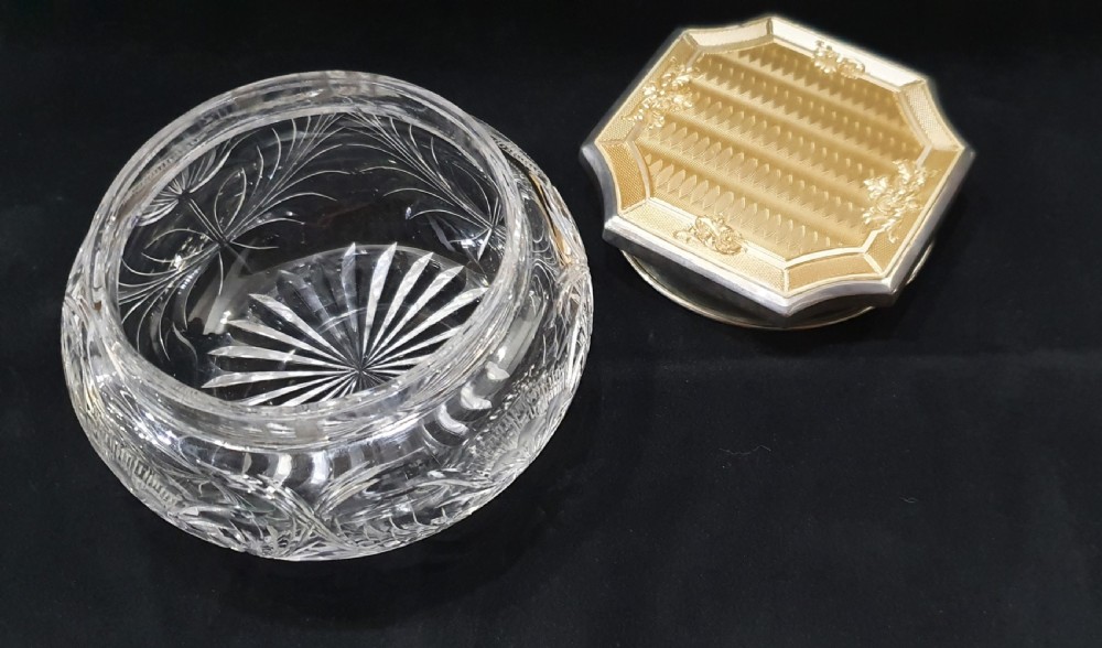 Gold Guilloche on Sterling (London 1915) Glass Powder Bowl  View IV