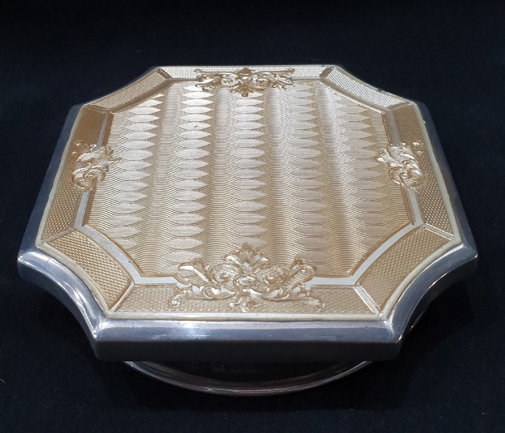 Gold Guilloche on Sterling (London 1915) Glass Powder Bowl  View V