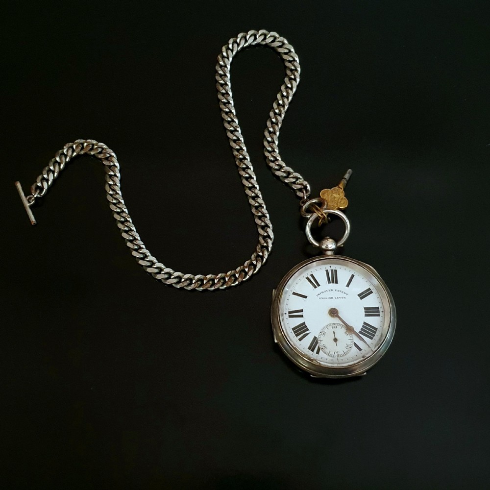 Improved Patent Silver Pocket Watch 1906 Chester on Sterling T Bar Chain