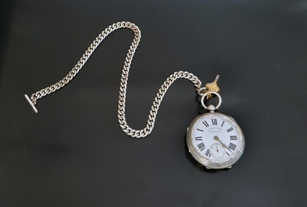 Improved Patent Silver Pocket Watch 1906 Chester on Sterling T Bar Chain View IV