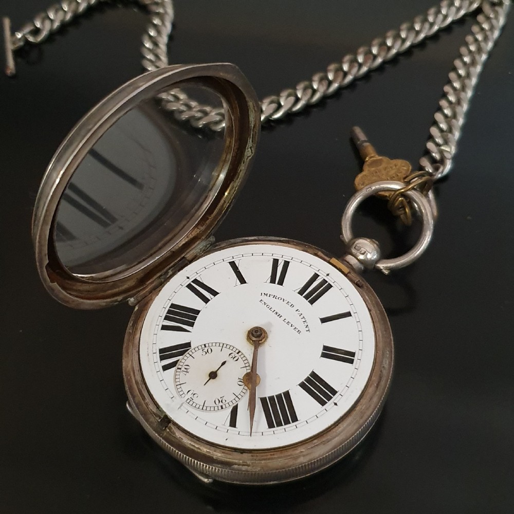 Improved Patent Silver Pocket Watch 1906 Chester on Sterling T Bar Chain View V