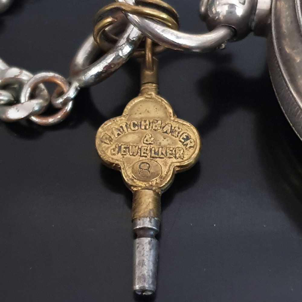 Improved Patent Silver Pocket Watch 1906 Chester on Sterling T Bar Chain View VIII