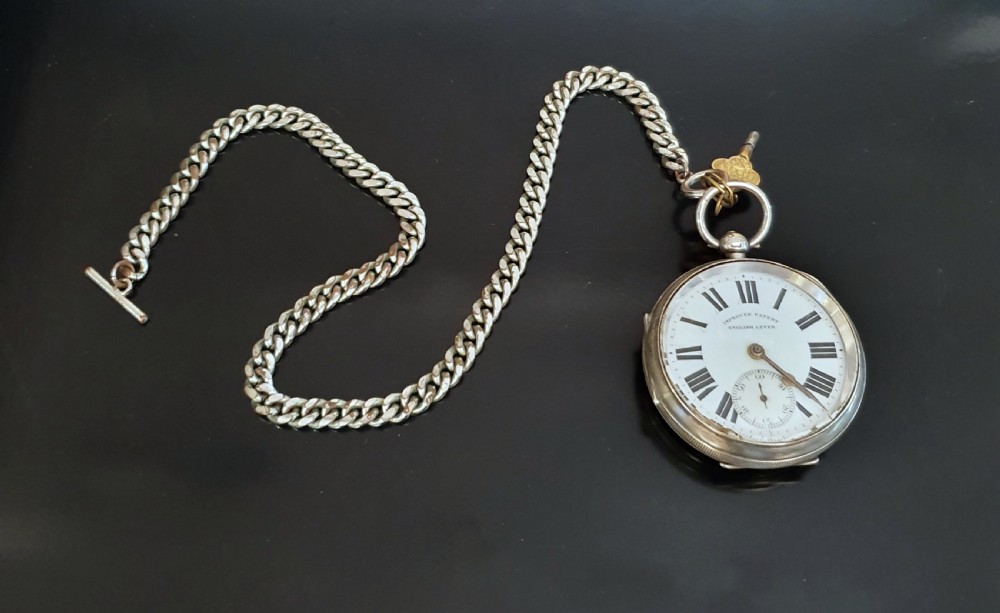 Improved Patent Silver Pocket Watch 1906 Chester on Sterling T Bar Chain View IX