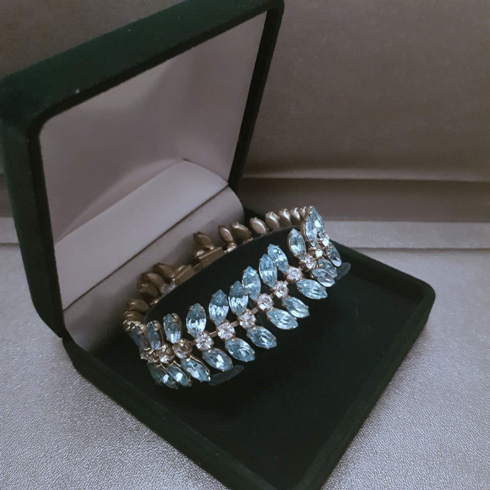 Art Deco Vintage Aqua & Clear Rhinestone Paste Articulated Bracelet 1930s - 1950s