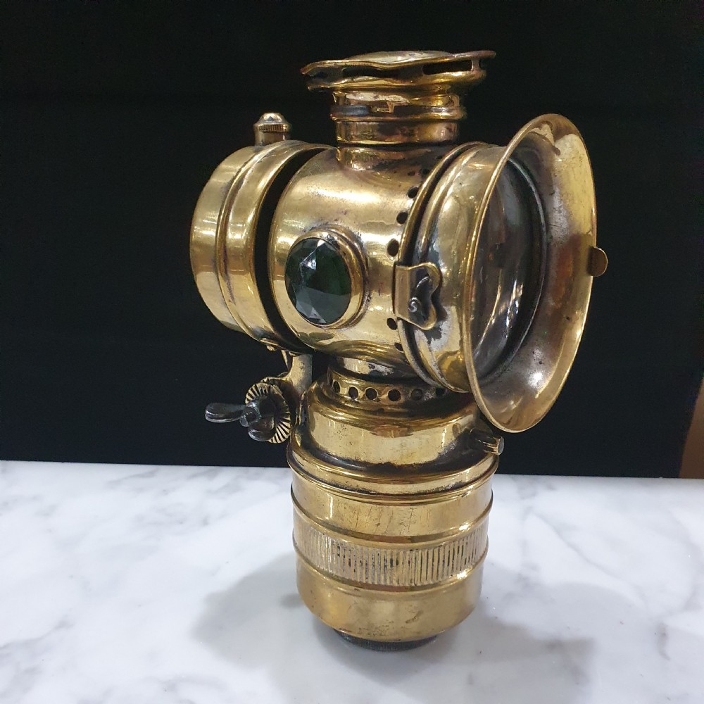 Vintage c.1930 Brass Lamp with Green Faceted Stone Sides