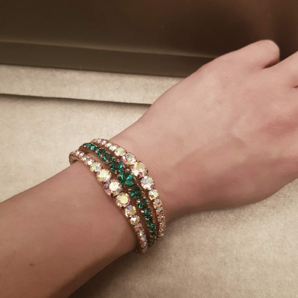 1950s Aurora Borealis & Emerald Green Crystal Cuff Bangle Bracelet View V