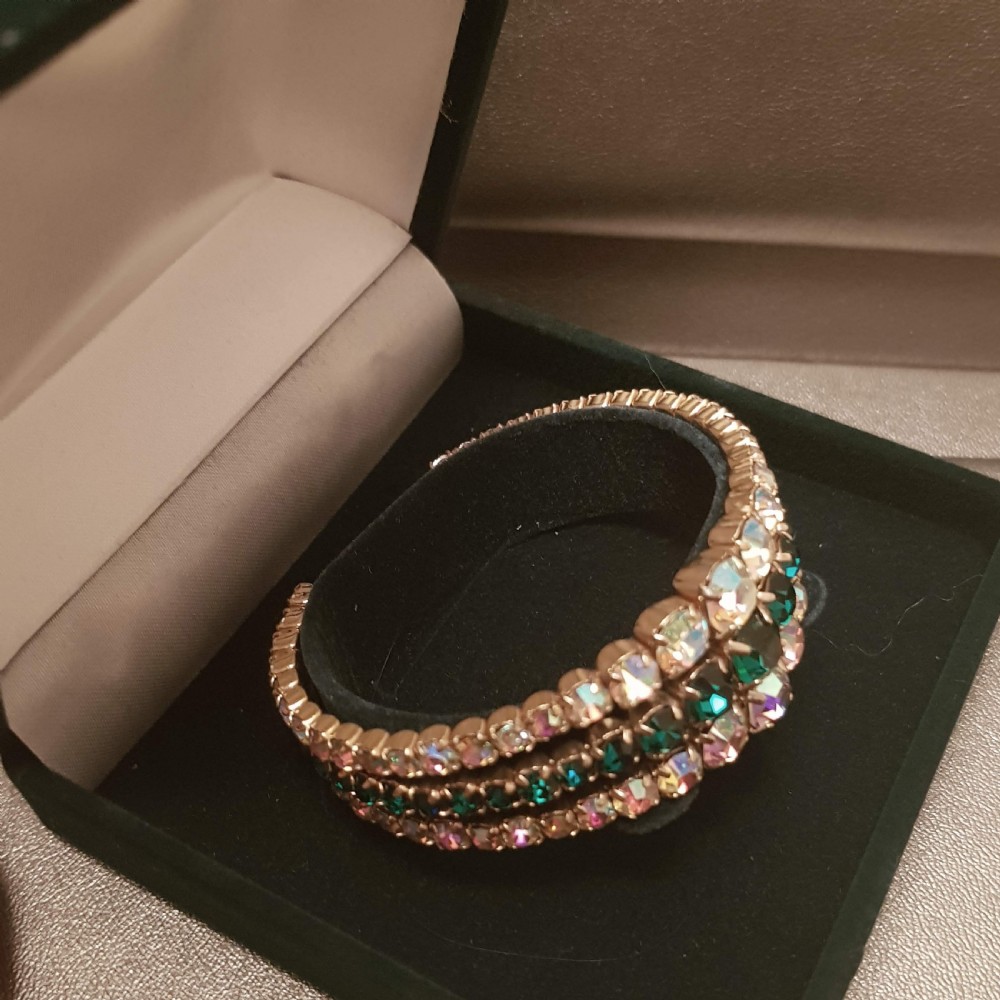 1950s Aurora Borealis & Emerald Green Crystal Cuff Bangle Bracelet