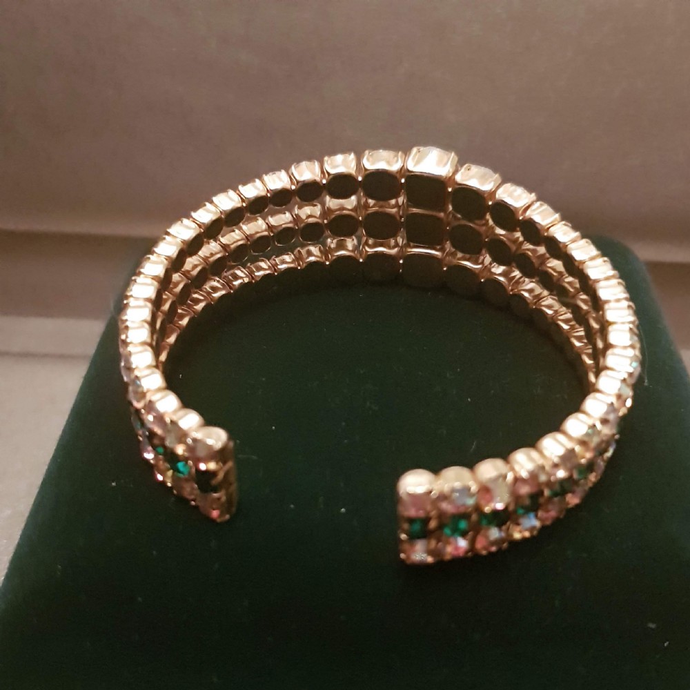 1950s Aurora Borealis & Emerald Green Crystal Cuff Bangle Bracelet View VII