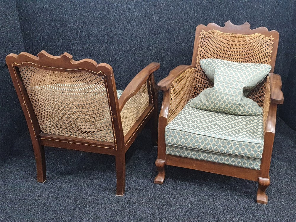 Art Deco Bergere Armchairs Reupholstered & Re-Caned c1930 View V