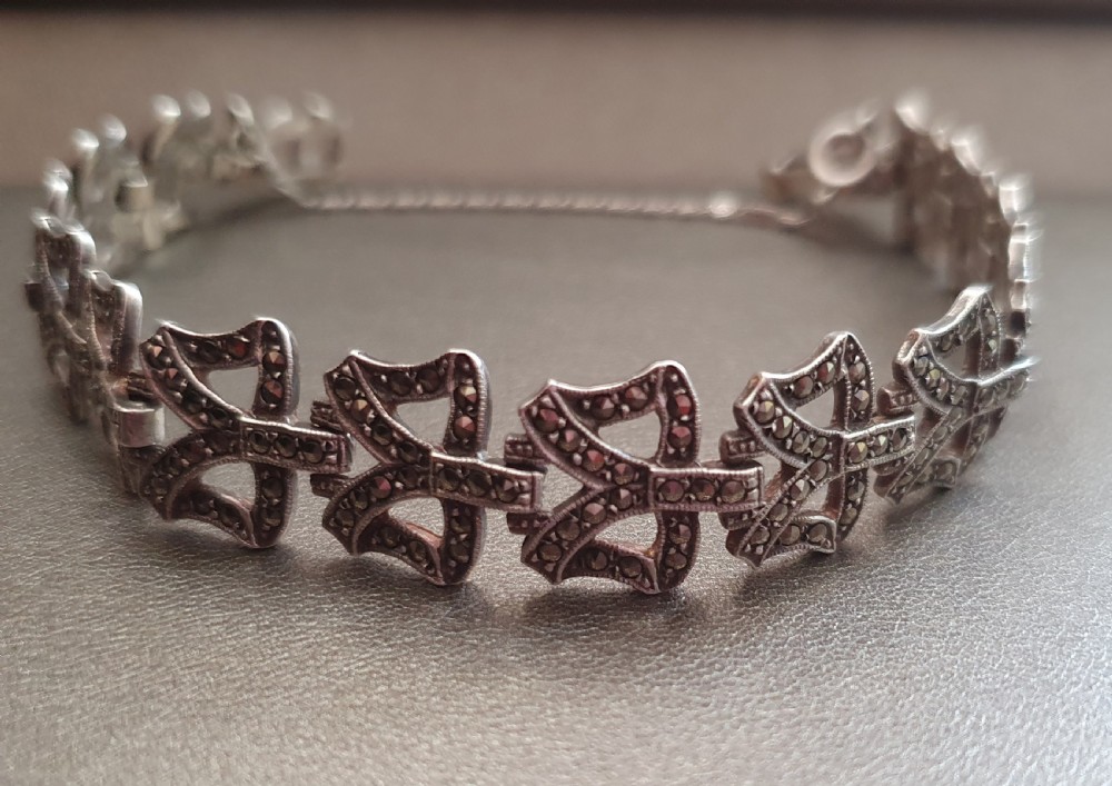 1920s Art Deco Silver Marcasite Bows on Stamped Solid Silver Links Bracelet with Figaro Safety Chain  View III