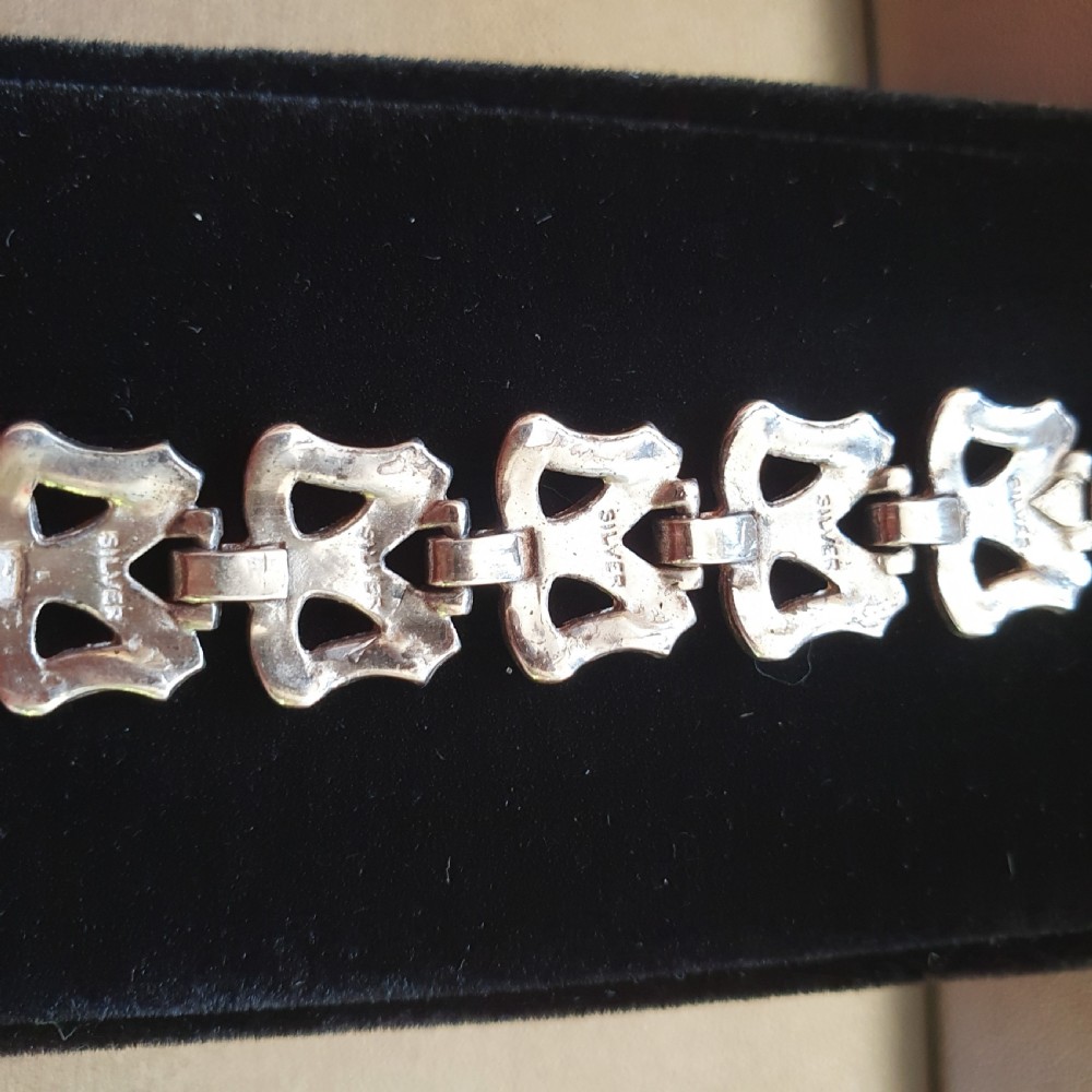 1920s Art Deco Silver Marcasite Bows on Stamped Solid Silver Links Bracelet with Figaro Safety Chain  View XIII