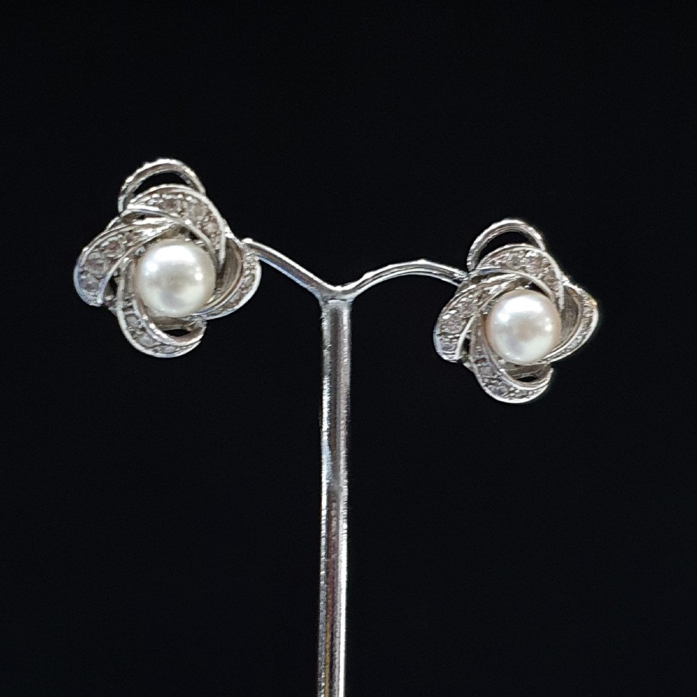 1930s-40s Pearl & Diamond 18ct White Gold Pierced Earrings View II