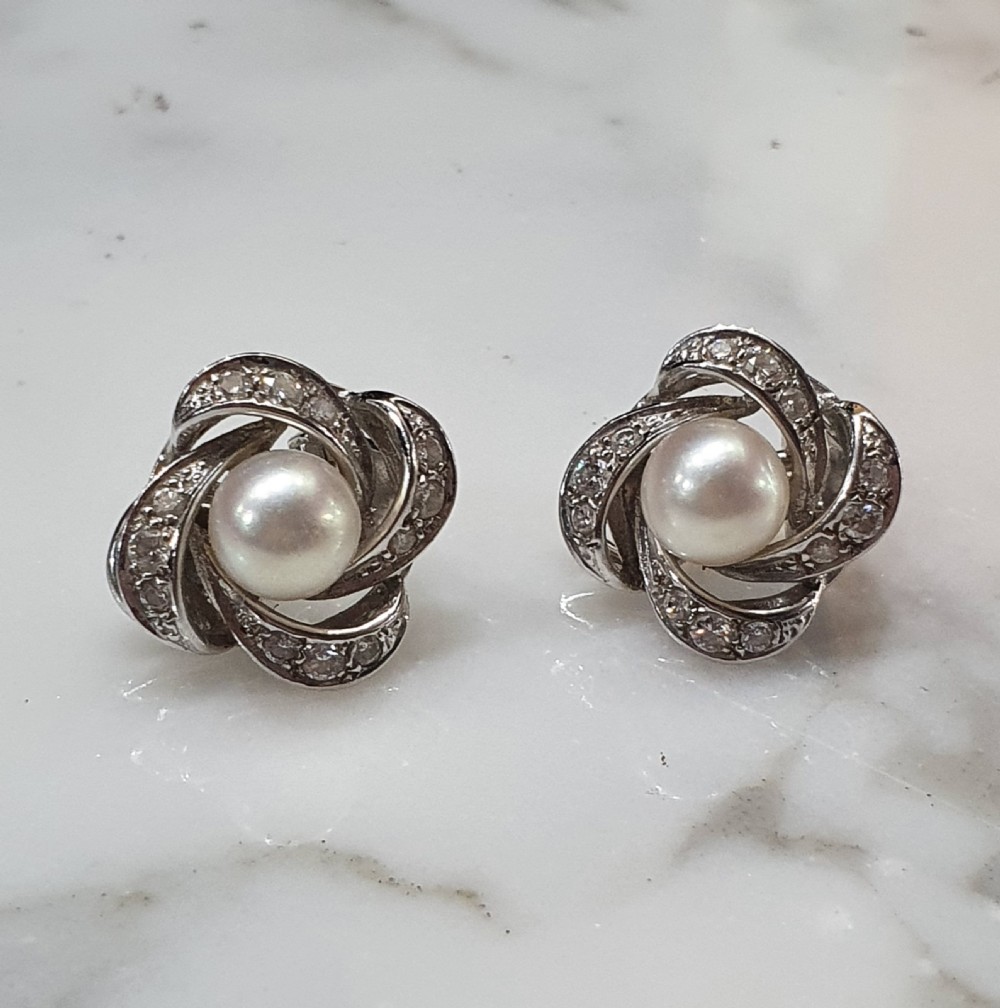 1930s-40s Pearl & Diamond 18ct White Gold Pierced Earrings View IV