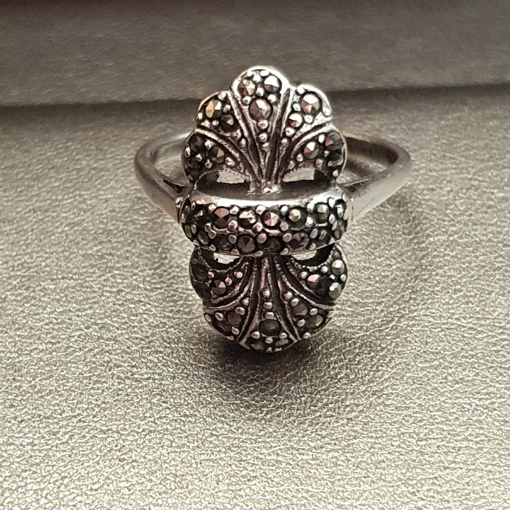 C.1920s Art Deco Marcasite on Silver Ring - Size T½ / U  View VIII