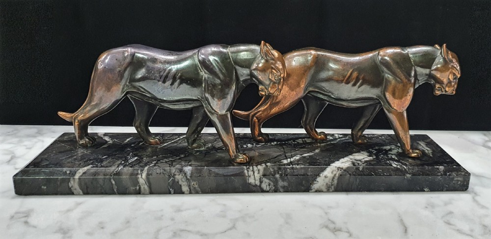 Art Deco Pumas Sculpture on Marble Plinth 