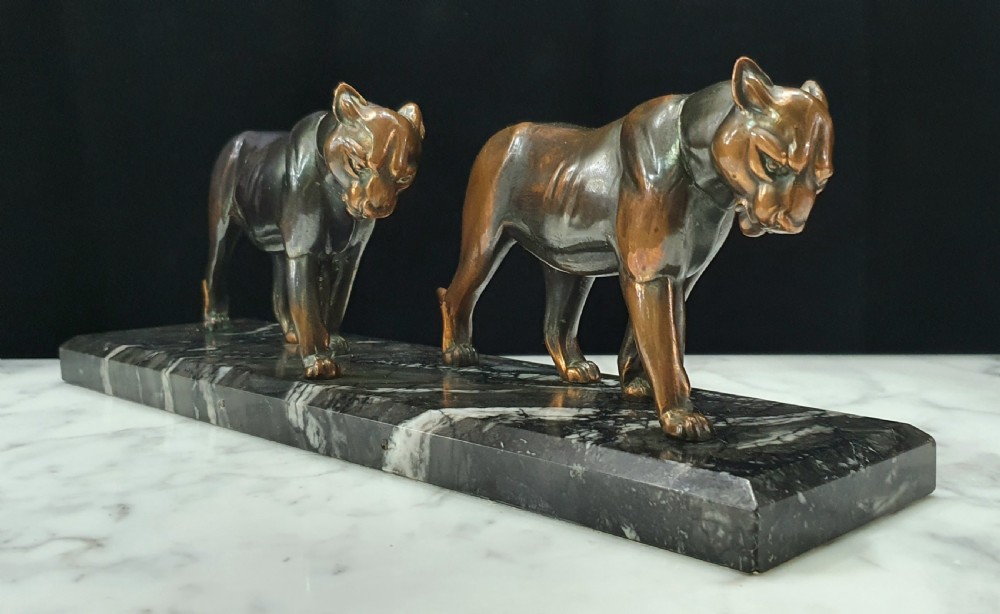 Art Deco Pumas Sculpture on Marble Plinth  View II