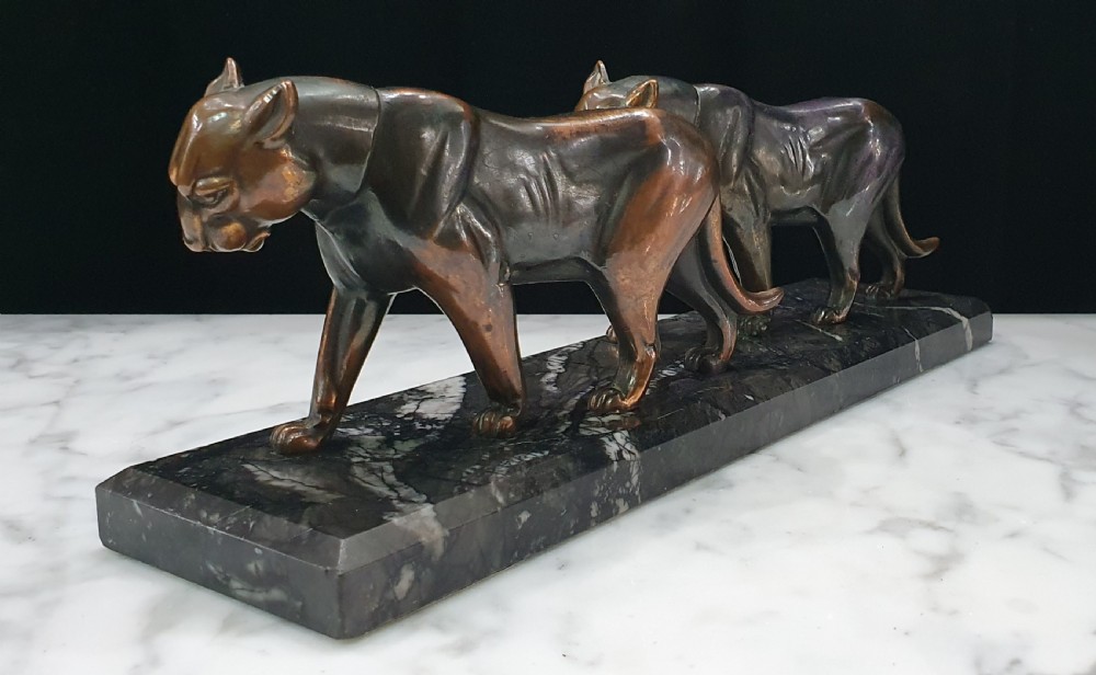 Art Deco Pumas Sculpture on Marble Plinth  View III