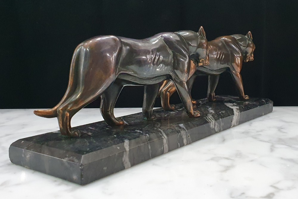 Art Deco Pumas Sculpture on Marble Plinth  View IV